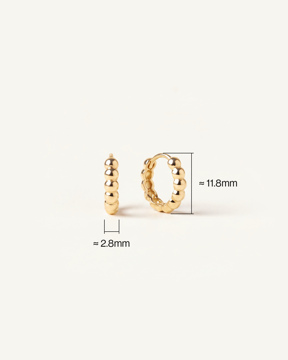 Beaded Huggie Hoop Earrings dimensions: 2.8mm wide, 11.8mm tall