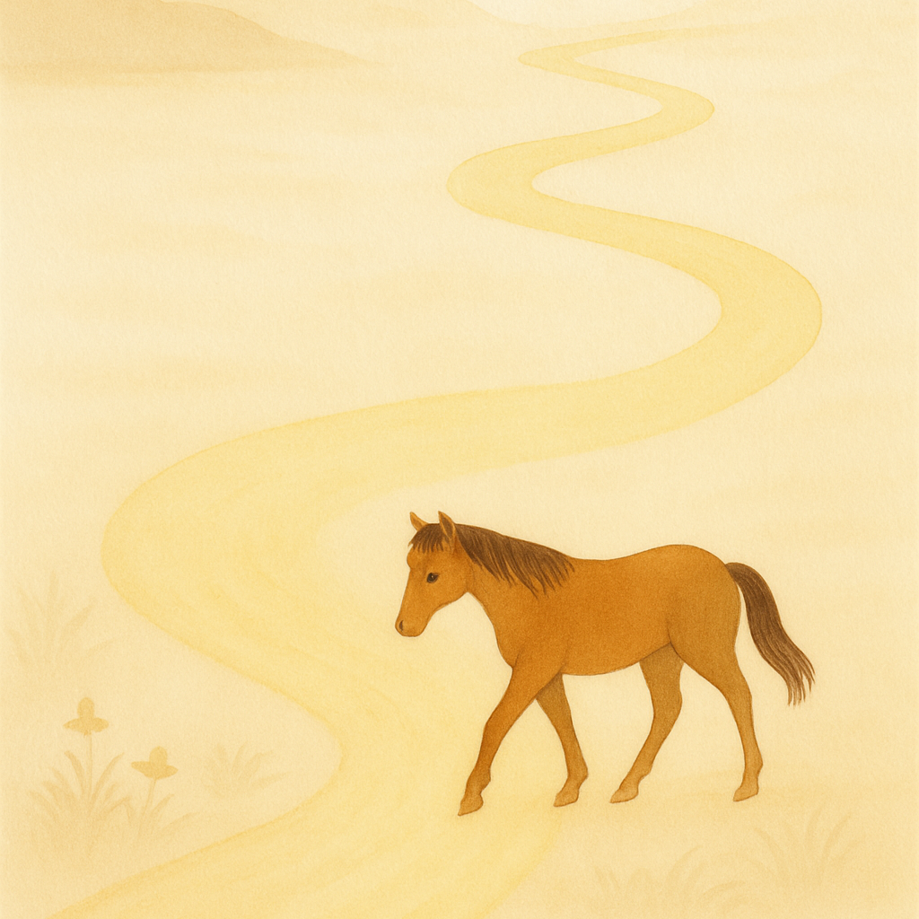 Horse walking on a yellow path with a light beige background