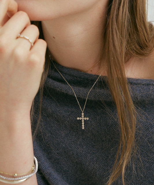 Yellow Gold | Bezel Cross Necklace, worn