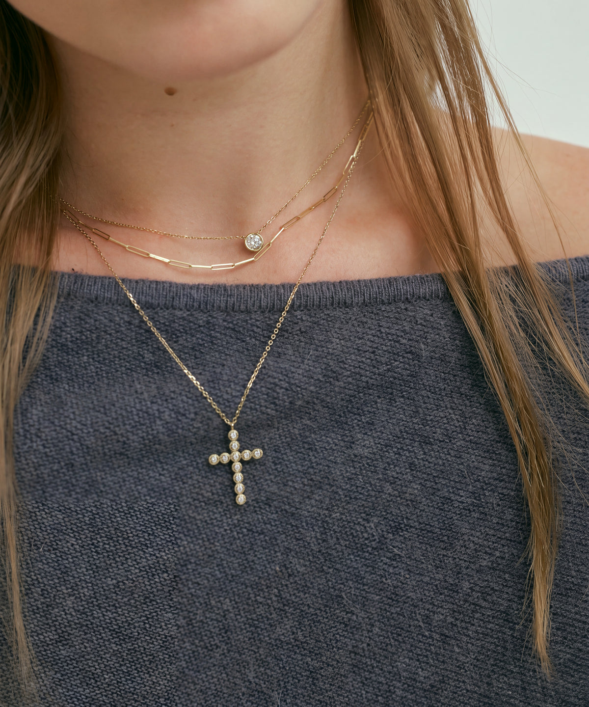 Yellow Gold | Bezel Cross Necklace, worn, layered