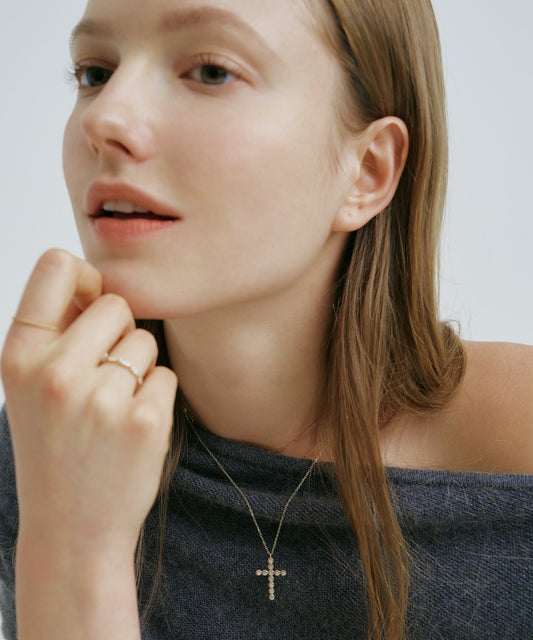 Yellow Gold | Bezel Cross Necklace, worn
