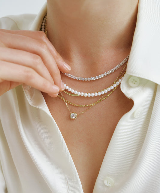 Yellow Gold | 0.5ct Lab Grown Diamond Bezel Pavé Necklace, worn