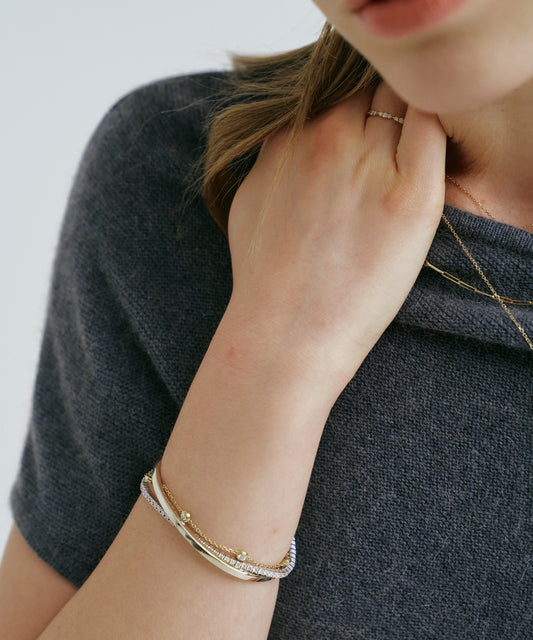 Yellow Gold | Lab Grown Diamond Bezel Station Bracelet, 5 Stones, worn, hand at the neck