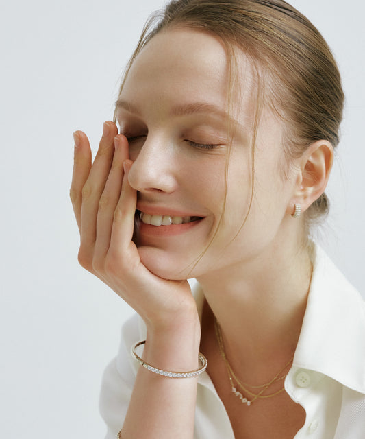 Yellow Gold | Lab Grown Diamond Half Tennis Bangle, worn