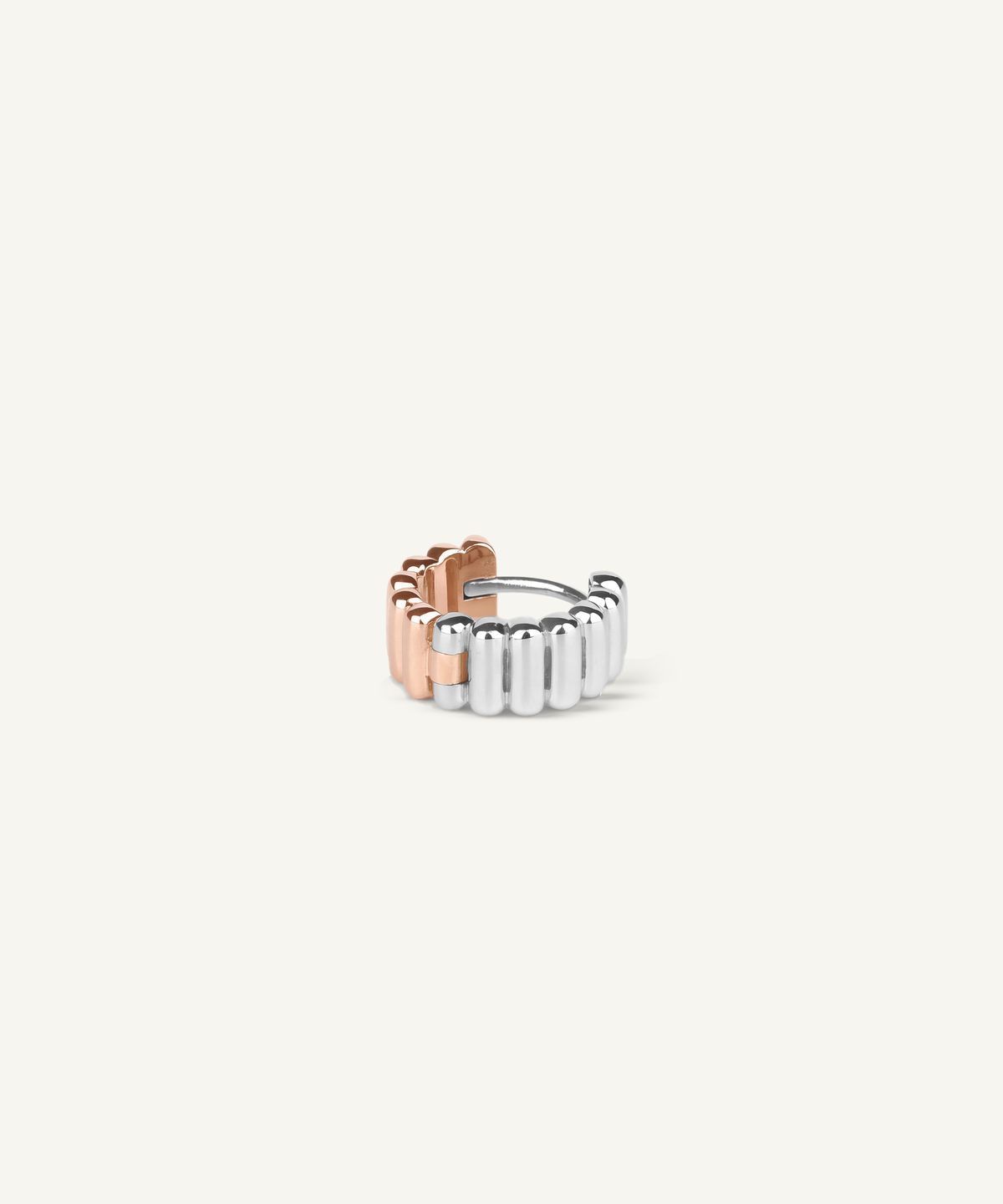 White Gold & Rose Gold | Reversible Two Tone Ribbed Huggie Hoop Earrings, view 2