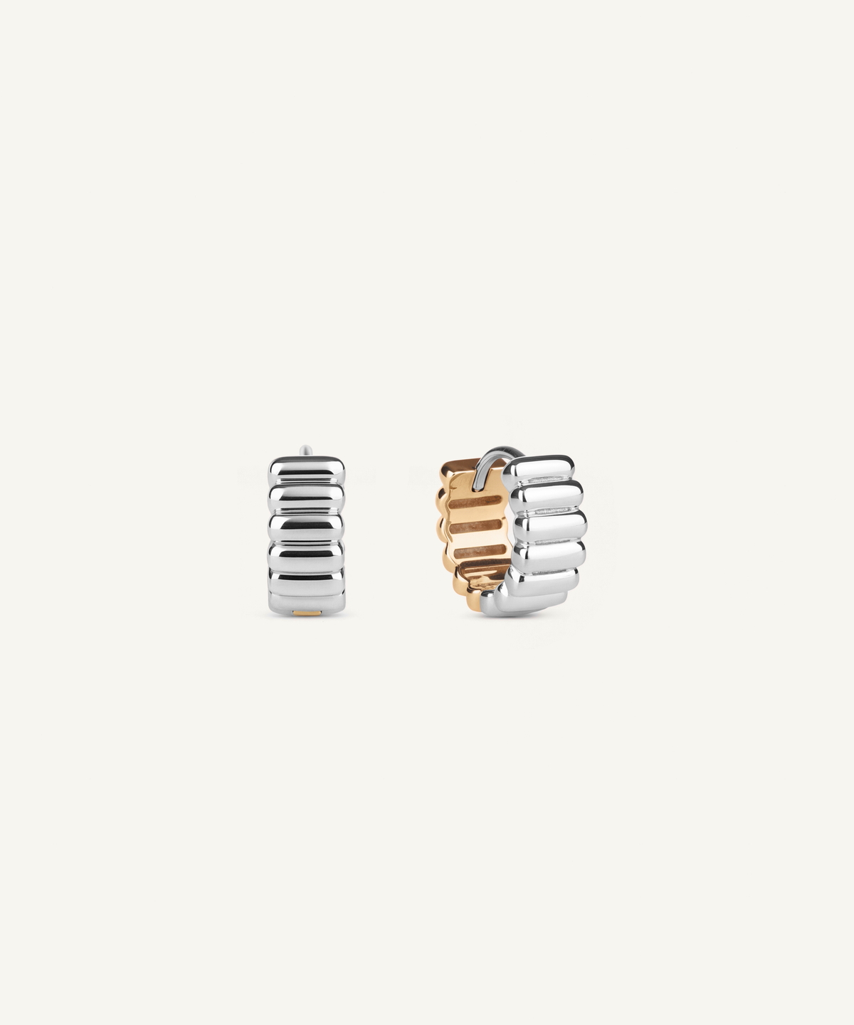 White Gold & Yellow Gold | Reversible Two Tone Ribbed Huggie Hoop Earrings