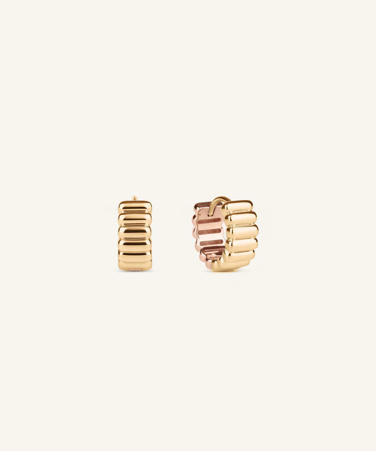 Yellow Gold & Rose Gold | Reversible Two Tone Ribbed Huggie Hoop Earrings