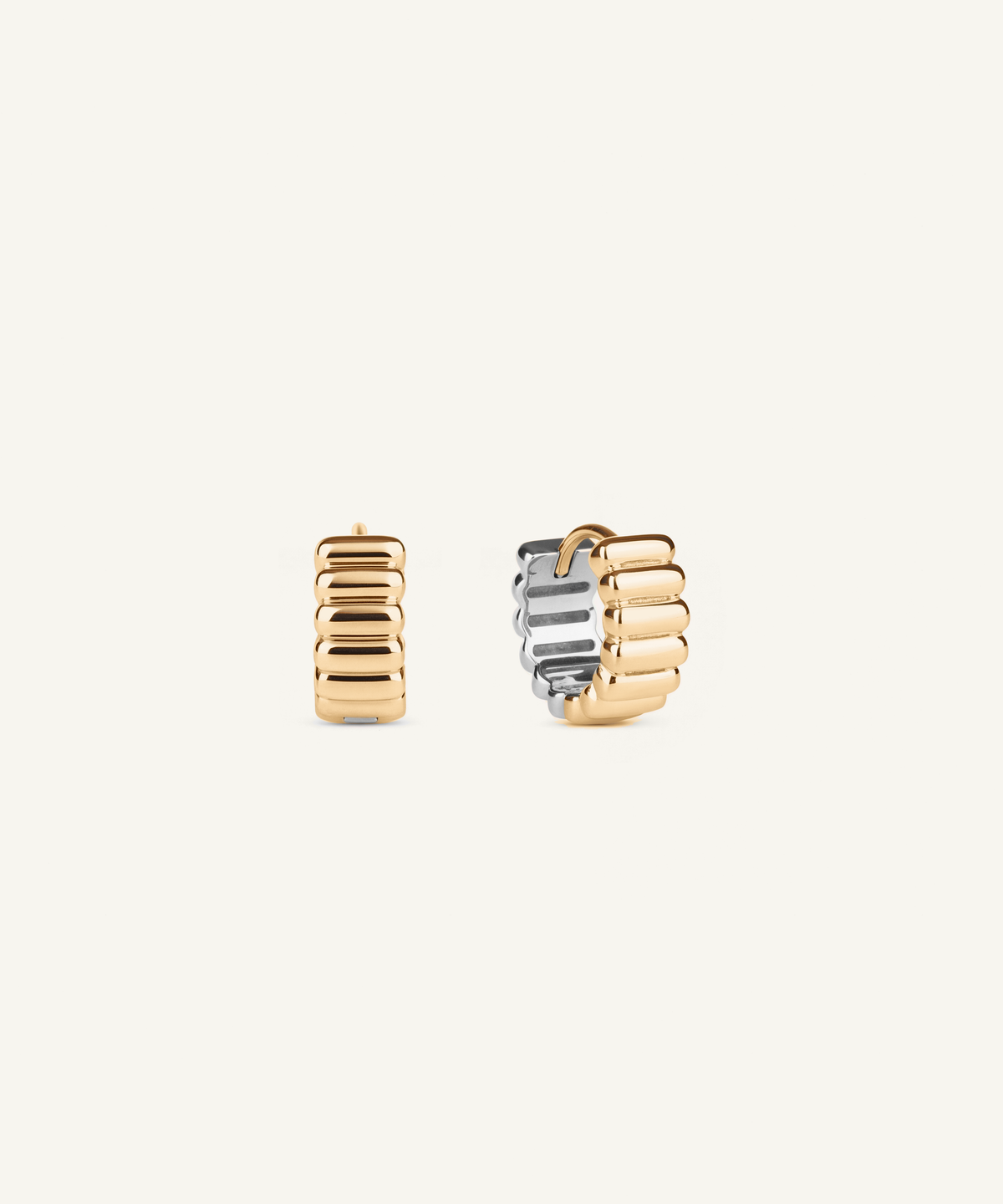 Yellow Gold & White Gold | Reversible Two Tone Ribbed Huggie Hoop Earrings