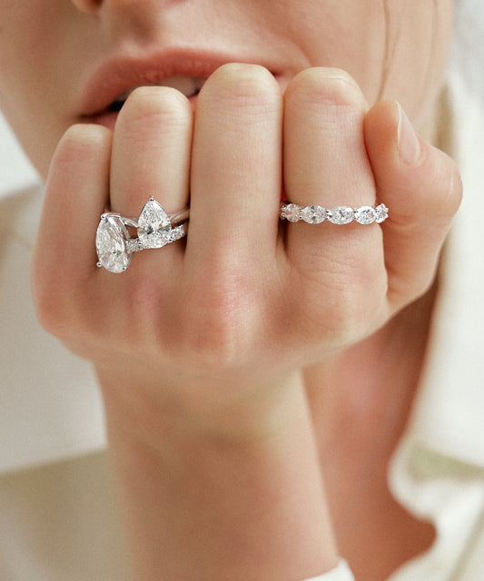 White Gold | Pear Cut Lab Grown Diamond Pavé Engagement Ring, worn