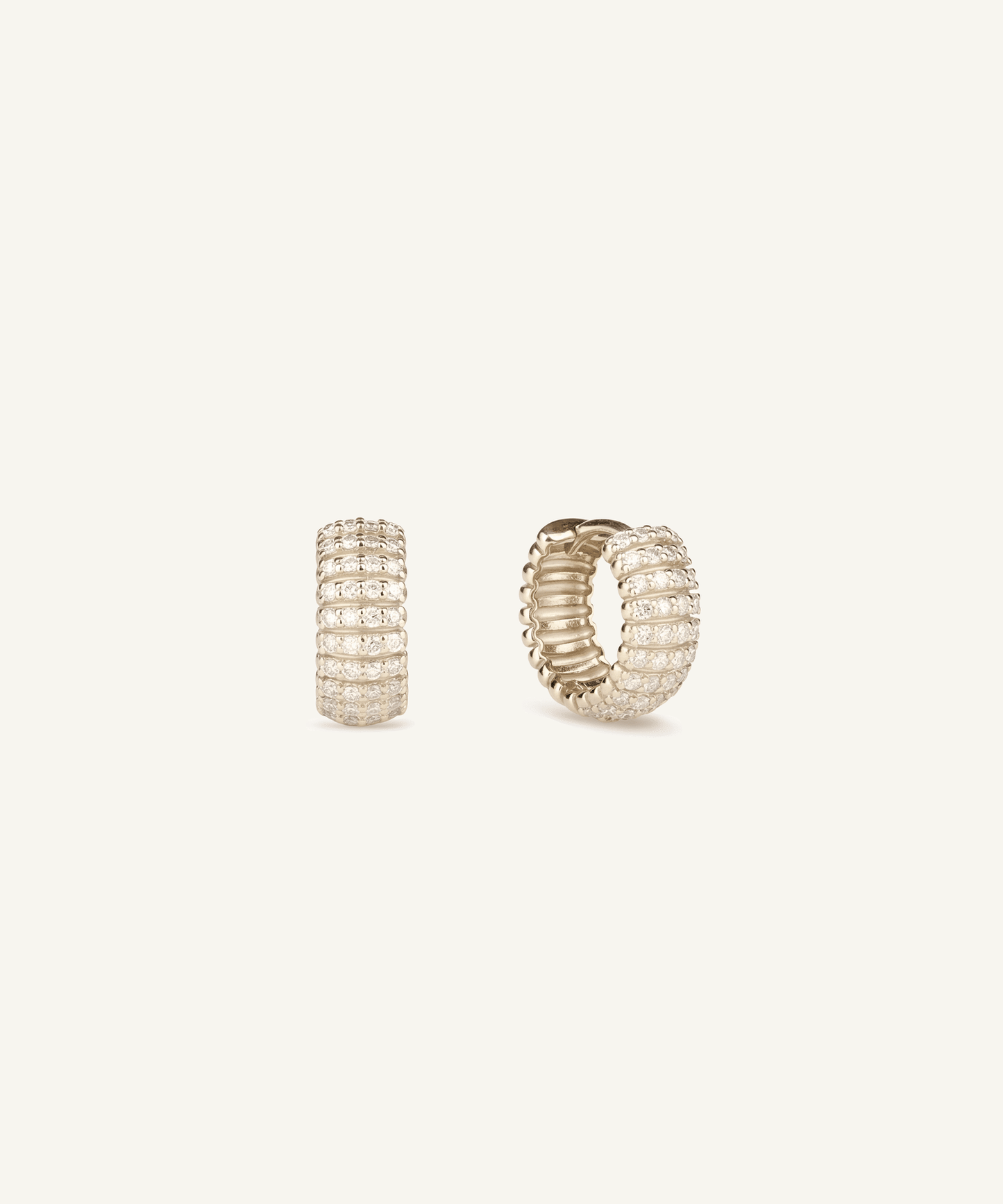 Pavé Lab Grown Diamond Ribbed Huggie Hoop Earrings in Champagne Gold, pavé face and plain ribbed face