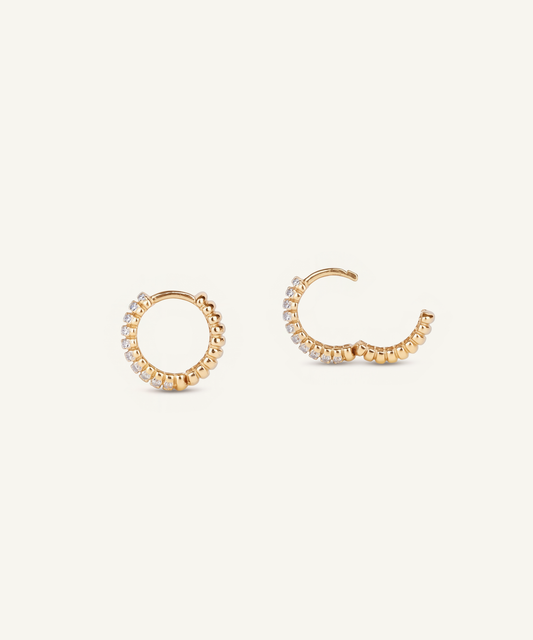 Pavé Lab Grown Diamond Ribbed Huggie Hoop Earrings detail, closed hoop and open hoop showing the pavé face and the plain ribbed face