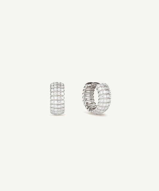 Pavé Lab Grown Diamond Ribbed Huggie Hoop Earrings in White Gold, pavé face and plain ribbed face