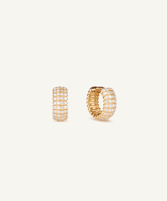 Pavé Lab Grown Diamond Ribbed Huggie Hoop Earrings in Yellow Gold, pavé face and plain ribbed face