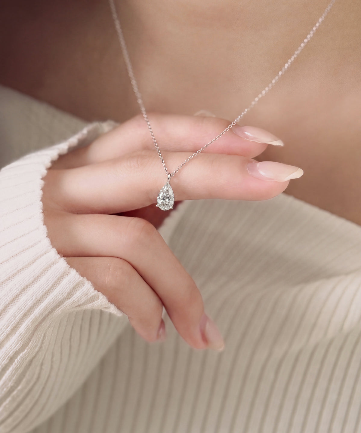 White Gold | Pear Cut Lab Grown Diamond Solitaire Necklace, worn 2