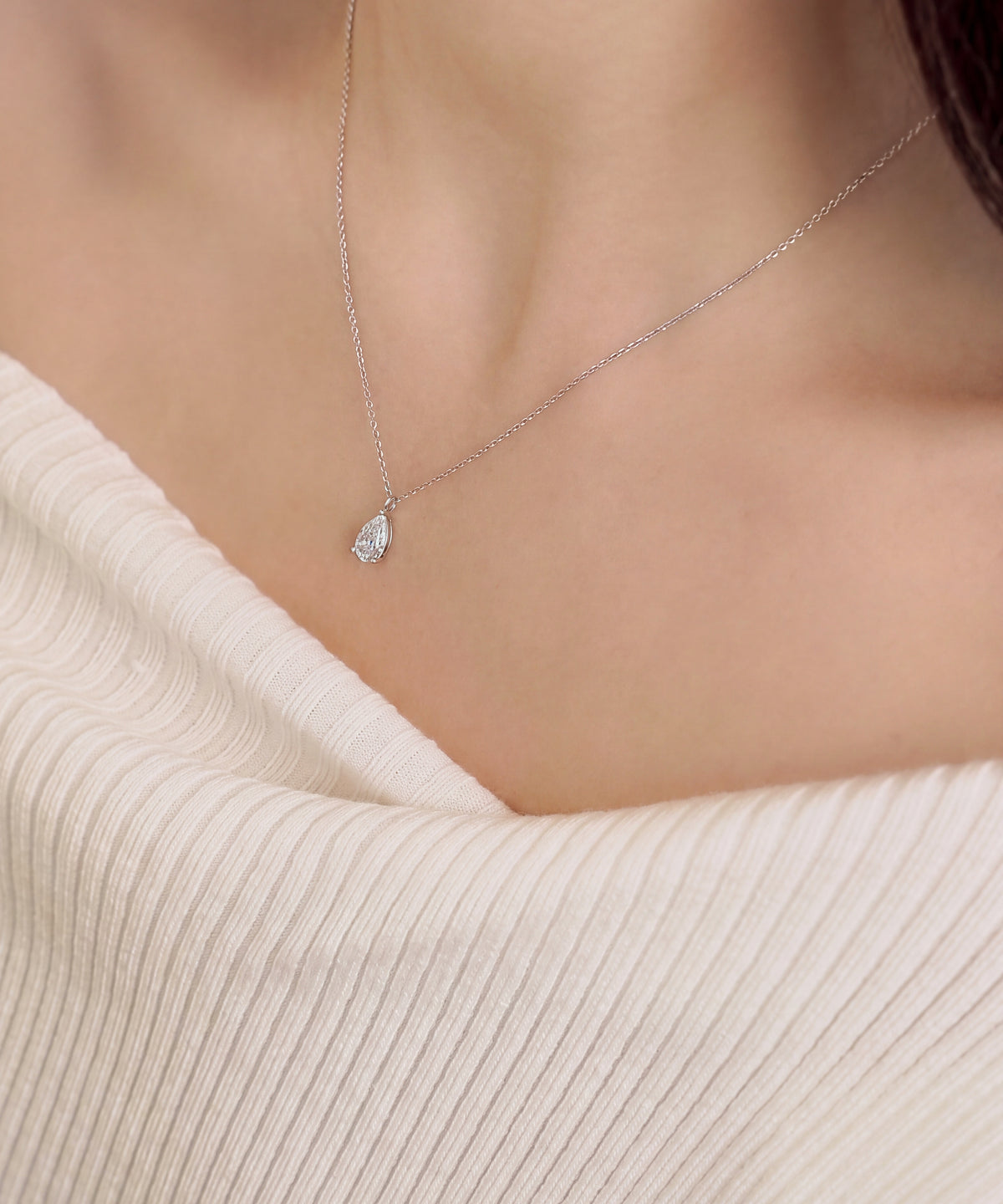 White Gold | Pear Cut Lab Grown Diamond Solitaire Necklace, worn