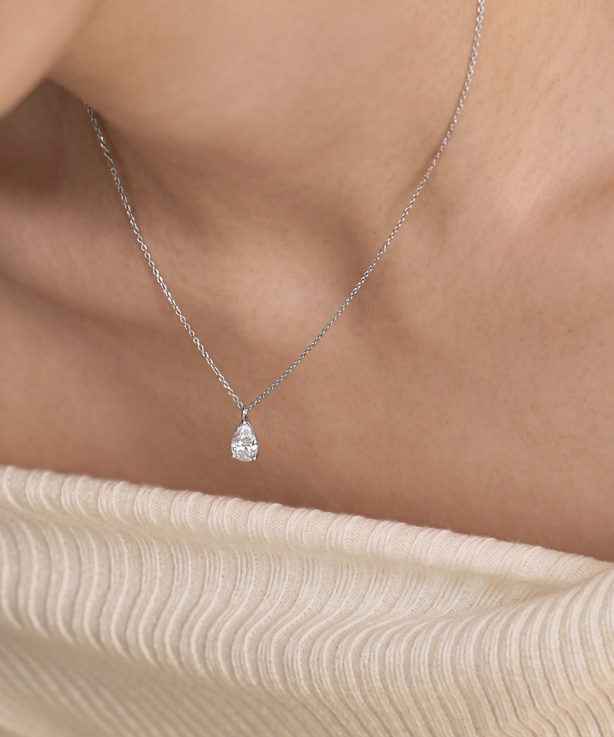White Gold | Pear Cut Lab Grown Diamond Solitaire Necklace, worn 3