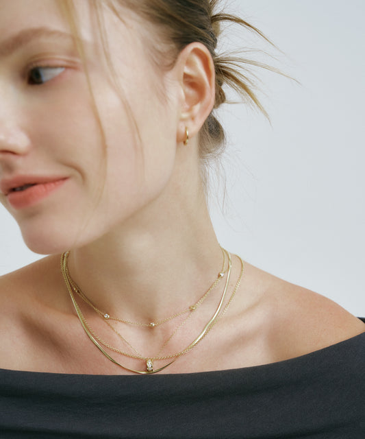 Yellow Gold | Rondelle Necklace, worn, glancing to the side
