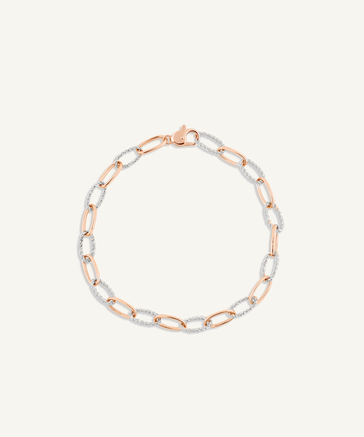 Rose Gold & White Gold | Two-Tone Twist Chain Bracelet | Two-tone twist chain bracelet, rose gold with white gold twisted links, on a white background