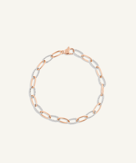 Rose Gold & White Gold | Two-Tone Twist Chain Bracelet | Two-tone twist chain bracelet, rose gold with white gold twisted links, on a white background